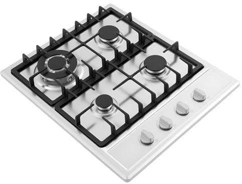 59 x 51 cm, piano cottura a gas da incasso, in acciaio inox, 4 fiamme (3,0 + 1,75 kW), a risparmio energetico con accensione di sicurezza, per famiglie, hotel e ristoranti, piastra a gas con