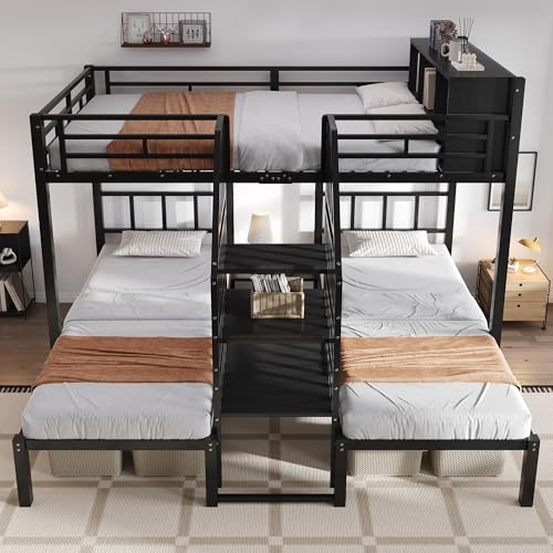 Moimhear Letto in ferro, letto a castello, con TRE posti letto, comoda scala con corrimano, struttura del letto stabile, letto superiore con spazio di archiviazione, in ferro, nero, 90x200cm