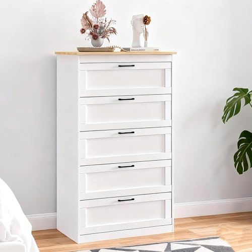 GRAVFORCE Kommode mit 5 Schubladen 110cm Hoch Komodenschrank Sideboard Flur Kommode weiß Schlafzimmer Wohnzimmer 70Bx40Tx110H