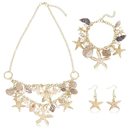 Sdhgerh Meerjungfrau Kostüm Damen Set mit Muschelkette, Seestern Armband und Ohrringen, Mermaid Costume Accessoire für Karneval und Strandparty