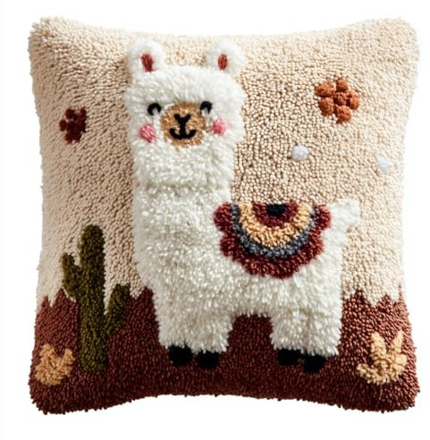 Taxpy Latch Hook Kits, Animal Alpaca Pillow DIY Rug Crochet Hook Cushion Making Kits with Preprinted Pattern Canvas DIY Handmade Sofa Cushion Kit 43x43cm