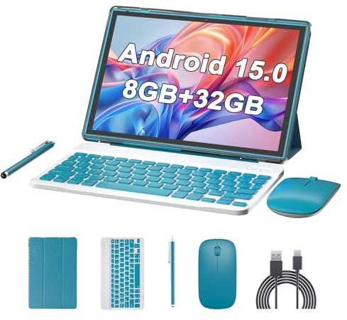 Tablette 10 Android 15 avec stylet clavier, 8 Go de RAM, tablettes 2 en 1 avec souris et étui de protection, batterie longue durée de vie 6000 mAh 5G WiFi-6 Dual Camera 32 Go ROM 10,1 Tablettes pour