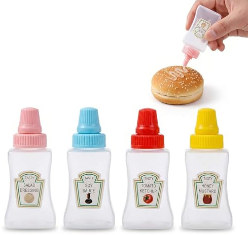 TEOZBLU 4 Stück Mini Saucenflasche (25ml) | Komprimierbar | Für Ketchup, Senf, Mayo, Olivenöl