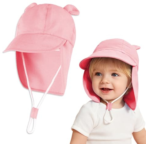 KEJOL Chapeau de Soleil pour Bébé Fille Garçon, Bob avec de Protection Nuque et Mentonnière Réglable, Été Anti-UV, 1-2 Ans, Rose