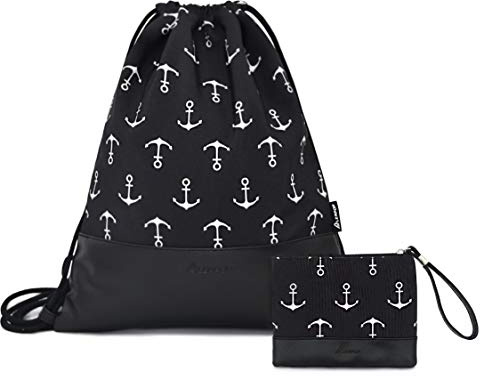 LEAPOP Turnbeutel Hipster Sporttaschen, Anchor Gym Sack Beutel Sportbeutel Tüte Rucksack mit Innentasche und Schlüsselbund (Schwarz Anchor)