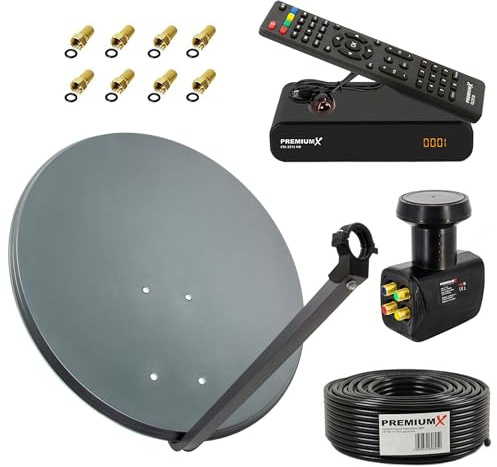 Premium X Satelliten-Komplettanlage 60cm Satellitenschüssel ALU Anthrazit SAT Quad LNB 50m Kabel FullHD TV Satelliten-Receiver