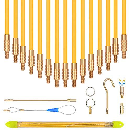Kit de cinta de pescado conectable eléctrica de fibra de vidrio de 50 pies, juego de varillas de cable con gancho y kit de agujero en tubo transparente (amarillo, 15 varillas x 1 m)