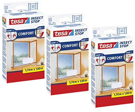 tesa Insect Stop COMFORT Fliegengitter Fenster - Insektenschutz mit Klettband selbstklebend - Fliegen Netz ohne Bohren (170 cm x 180 cm, 3er Pack/Weiß (Leichter Sichtschutz))