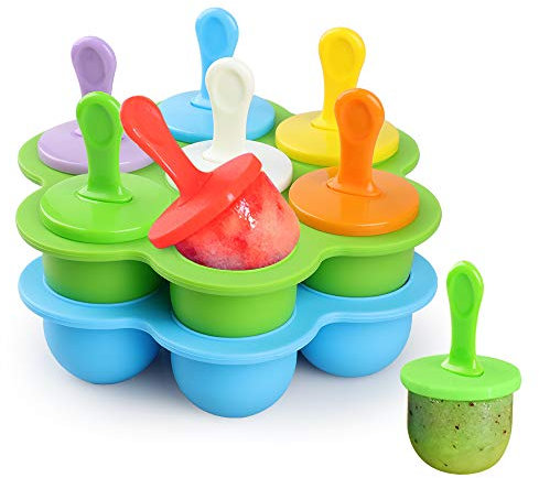 WD&CD 2 PCS Silicona Moldes Helados, 7 Cavidades DIY Molde de Silicona para Paletas de Helado con 18 Palitos de Plástico Coloridos, para Alimentos para Bebés, Helado, Horneando, Azul y Verde