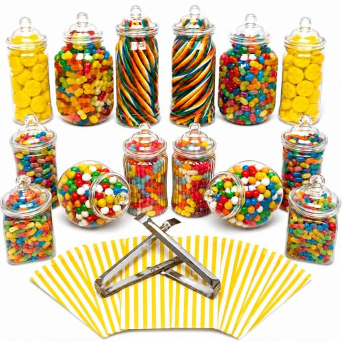 Truly Sweet Candy 14 Plastic Sweet Jars, 7 Styles, 2 Tongs and 50 Bags. Ideal for Party, Wedding, Sweet Table, Candy Buffet (Yellow Candy Stripe Bags)
