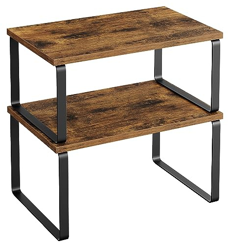 SONGMICS Spice Rack, Set of 2 Cupboard Shelf Organiser, Expandable Kitchen Shelf Organiser, Stackable Spice Holder, Metal and Engineered Wood, Black and Rustic Brown KCS020X01