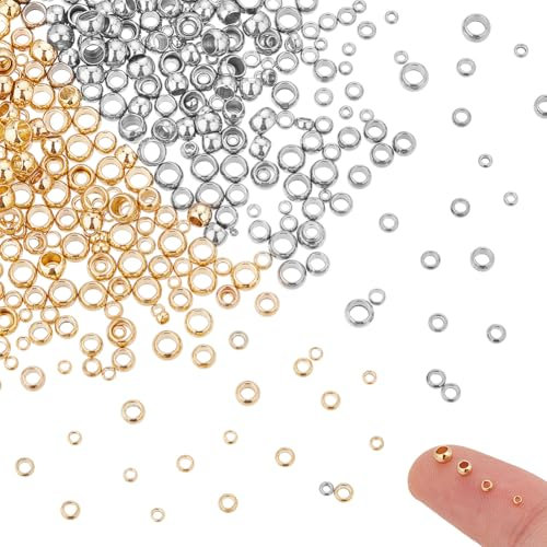 UNICRAFTALE Environ 400 pièces 4 tailles Perles à Écraser Perles Rondes 1-3mm Perles Acier Inoxydable 2 couleurs Perle Métal Perles en Vrac pour Bijoux Bricolage Faisant 0.8-2mm Trou