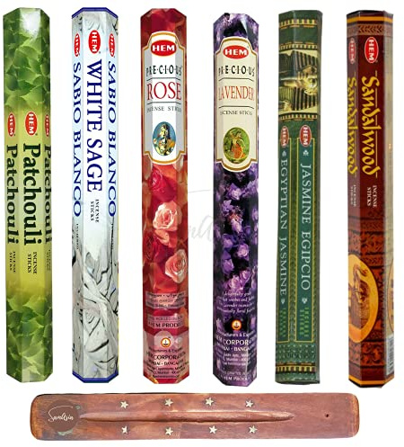 HEM Incense Sticks - 6 unique and premium flavours - Patchouli, White Sage, Precious Rose, Precious Lavender, Egyptian Jasmine and Sandalwood with SAMASIA incense holder