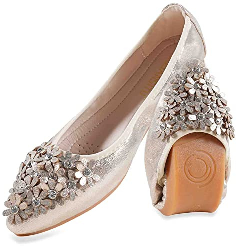 MACHSWON Ballerines plates confortables pour femme avec fleurs scintillantes et strass à bout pointu, doré, 38 EU