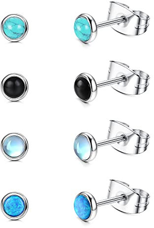 JeweBella 4 Paare Mondstein Opal Türkis Kleine Ohrstecker Set Chirurgenstahl für Damen Mädchen Kinder Hypoallergene Runde Edelstein Ohrstecker Blau Schwarz Mondstein Opal Türkis Ohrringe Set 4MM/6MM