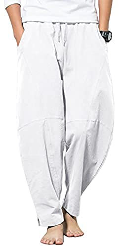 YAOBAOLE Herren Leinenhose Casual Kordelzug Herren Hosen Loose Fit Sommerhose Herren Leicht Lang Weiß L