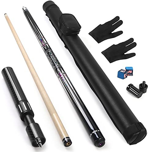 lotmusic Premium Pool Stick mit Teleskopfaser Verlängerungsqueue, 58 Zoll Professional Pool Queue Set mit schwarzem Pool Queue Case & Billard Zubehör
