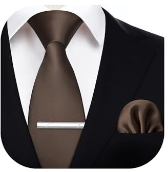 HISDERN Krawatte für Herren Braun - Krawatte mit Einstecktuch Krawattenklammer Hochzeit Einfarbig Seide Krawatten und Taschentuch Set für Männer