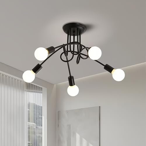 DAXGD Plafonnier Industriel, Lustre Spoutnik Moderne en Fer, lampe de Plafond 5 Lumières E27 Noir pour Salon Chambre Cuisine (Ampoules Non Incluses)