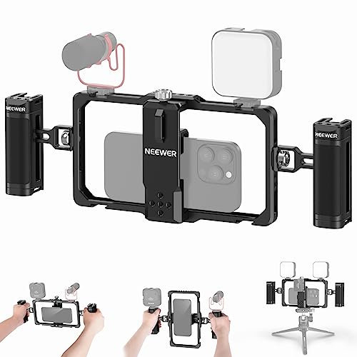 NEEWER Kit de vlogging pour téléphone amélioré, stabilisateur vidéo avec Double poignée, Fente Micro sans Fil pour Tiktok/Youtube, Compatible avec SmallRig iPhone 16 15 14 13 Pro Max Galaxy S23, PA009