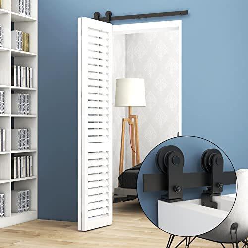 TSMST 107cm/3.5FT Bi-Falte Schiebetürsystem Komplett-Set, Platzsparende Scheunentür Spur Set für 2 Türen, Glatt und Ruhig,T-Form(keine Tür)