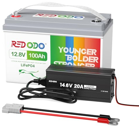 Redodo 12,8 V 100 Ah LiFePO4 Akku mit 14,6V 10A Lithium Akku Ladegerät; integriertes 100A BMS, 5 Stunden schnelles und vollständiges Aufladen für Wohnmobil, Camping, Solarhaus, Marine, Boot