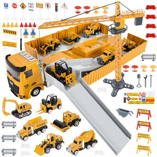 FORMIZON Baustellenfahrzeuge Kinder, LKW Fahrzeug Spielzeug Set Transporter Spielzeug mit Musik & Lichter, 6 Mini Baustellenfahrzeuge, Kran Spielzeug Kinder (Gelb)