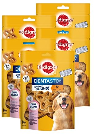 Pedigree Dentastix ChewyChunx Maxi Chicken (5 x 68g) Leckerlis für Hunde mit Hühnchen- oder Rindfleischgeschmack, die zur Reinigung der Zähne beitragen