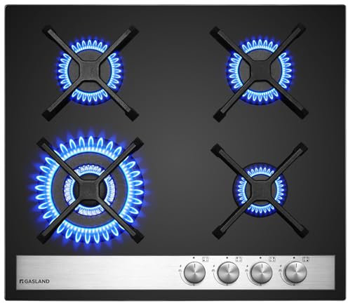 GASLAND GH6604BG1FC Placa de Cocina de Gas Butano, Encimera de Cristal Con 4 Fogones y Quemador Wok, Empotrable, Negra de 60 cm, 8,0 KW