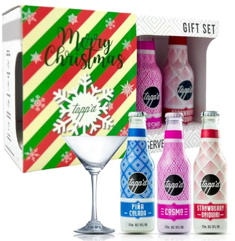 Tapp'd Christmas Gift Set - Ready To Drink Bottled Cocktails 10% ABV - Cosmo, Pina Colada & Strawberry Daiquiri with Martini Glass (3 x 175ml Bottles)