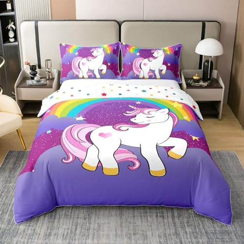 Homewish Filles Housse de Couette 200x200 Licorne en Coton, Ensemble de Literie pour Filles, Parure de Lit À Imprimé Licorne Arc-en-Ciel, Housse Couette Cartoon Kawaii pour Enfants, Doux