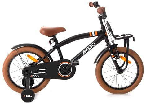 AMIGO 2Cool - Kinderfahrrad Jungen - 16 Zoll - Mit Rucktrittbremse und V-Brake und Stützräder - ab 4-6 Jahr - Schwarz