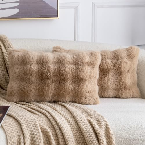 Madizz Juego de 2 Grueso Fundas de Almohada de Lana Corta Peluda de Felpa Suave Grueso Fundas de Cojines Estampados Funda de Almohada Decorativa para sofá Dormitorio Camello Rectangular 30 x 50 cm