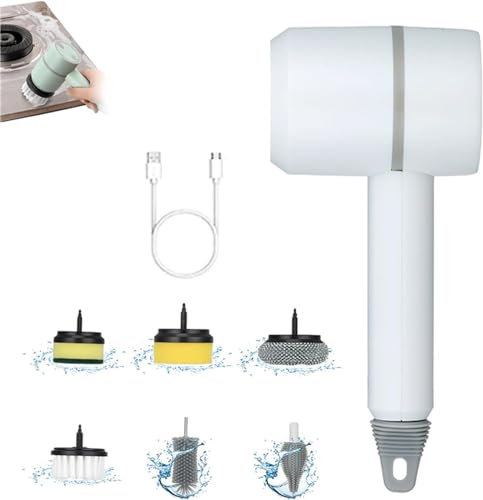 Dish Buddy Electric,Dish Buddy Electric Spin Scrubber,Dishbuddy Kitchen Tank Brush,360°Rotating Multifunctional Cordless Electric Cleaning Brush with 6 Replaceable Brush Heads (White)