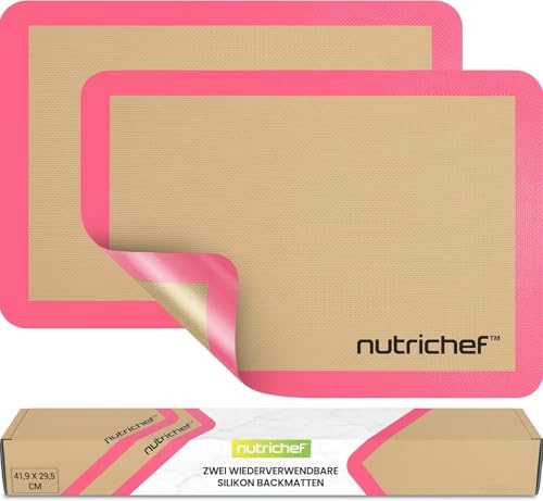 NutriChef Silicone Mat Set – 2 Non-Stick Reusable Oven Liners 42 cm x 29.5 cm, Food-Grade Oven Safe 250°C, Sheets for Pastry, Dough, Cookies & Kitchen Accessories, Pink
