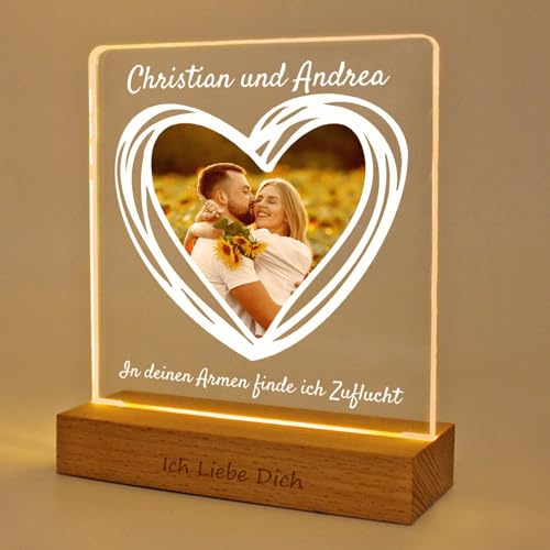 LASERO' Personalisierte Lampe mit Foto Herzform – UV Druck auf Acryl und Holzsockel | Lampe mit Foto Personalisiert | Bilder Geschenke Personalisiert für Paare, Freundin, Frauen & Familie