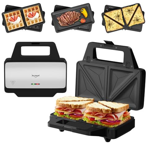 HOMELUX Sandwichmaker 1000W, 3-in-1 Sandwichtoaster Waffeleisen Kontaktgrill, Multifunktionsgerät mit Antihaftbeschichtung Abnehmbare Platte, Temperaturkontrolle Leichte Reinigung BPA frei, Silber