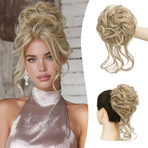 Sofeiyan Haarteil Dutt,1 Stück Haargummi mit Haaren,Messy Bun für Frauen | Helle Aschblond Mix Bleichblond Dutt Haarteil,Hochsteckfrisuren Synthetisch, Tousled Updo Haarteile für Alltag Hochzeit