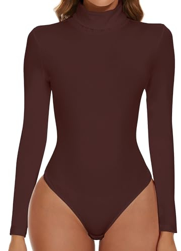 SHAPERIN Bodysuit Turtle Neck Women Long Sleeve Body Suit Women's Bodysuits Tops Leotard One Piece Jumpsuit Top Elegant Brown M