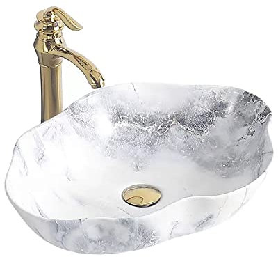 Zhaoj24-05 Lavabo da appoggio Lavabo da Bagno in Ceramica Ciotola Struttura in Marmo Arte Ovale sopra lavabo da appoggio con Rubinetto Dorato e Scarico Ideale per i Piani d'appoggio(A)