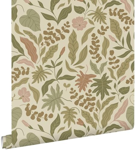 Esta Home papel pintado hojas y flores verde oliva agrisado, rojo barro cocido y rosa 50 x 900 cm