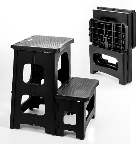 Ligebul 2-Step Stool Foldable, Plastic Steps Stool Folding Step Ladder Two Step Stools Collapsible Step Stools for Adults for Kitchen Home Bathroom RV-Black