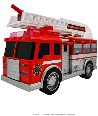 Mighty Wheels Steel Fire Truck Toy 10 - Large Free-wheeling Toy Truck with Sounds and Lights and Movable Ladder - Durable Steel and Plastic Fire Engine Toys for 3+ Year Old Boys and Girls
