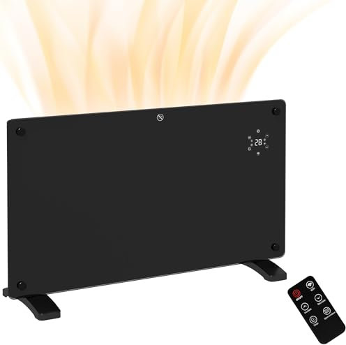 HOMCOM Electric Heater Wifi Smart App, 1500W Glass Panel Heater Radiator, Freestanding or Wall Mounted Convector Space Heater with LED Display, 24Hr 7 Day Timer, Adjustable Thermostat, Remote Control