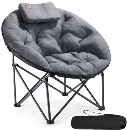 EVER ADVANCED XL Moon Chair for Adults 6cm Padded Garden Saucer Chair, Heavy Duty Camping Foldable Folding Camping with High Back, Super Wide Round Seats for heavy people, supports 150KG Light grey