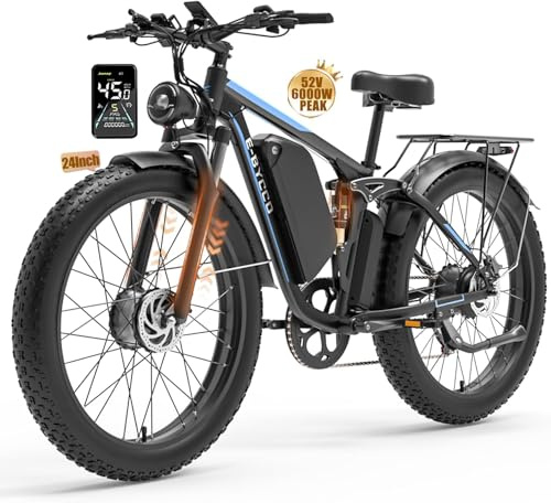 E·Bycco 6000W Peak Dual Motor Electric Bike for Adults, 52V 32AH Battery, Max 40-45MPH &100Miles, Full Suspension, Hydraulic Brake, Fat Tire E-Bikes for Men Women (Blue/Black, 24in)