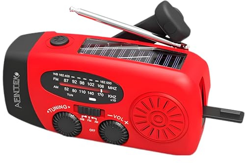 AFINTEK Radio Solaire Dynamo d’Urgence, Radio à Manivelle Survie AM/FM/NOAA, Radio de Survie Rechargeable, Powerbank 2000mAh, Lampe Dynamo Survie Torche LED, Chargeur Dynamo, Rouge