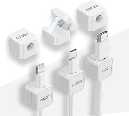 Magnetic Cable Clips, 6 Pack Self Adhesive Cord Holder, Ideal Cable Magnetic Cord Organizer Wire Keeper for Desk, Nightstand, Phone Charger Cable, Computer, Home, Office, Car - White