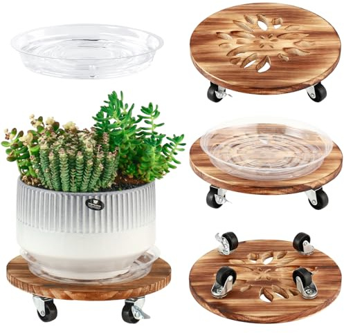 4 Pack Plant Caddy with Wheels Heavy Duty 12 Inch Wooden Plant Stand with Wheels Plant Dolly Rolling Plant Stand Plant Roller with Casters for Indoor and Outdoor with 4 Pack Plant Saucers, Round