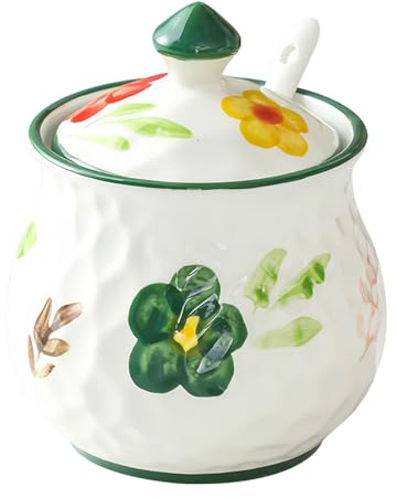 Dowbom Sucrier avec couvercle et cuillère, pot à sucre en porcelaine à motif floral, pot à sel (vert-B)